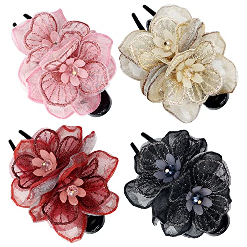 4-Pack Embroidered Mesh Flower Duckbill Hair Clips for Women & Girls