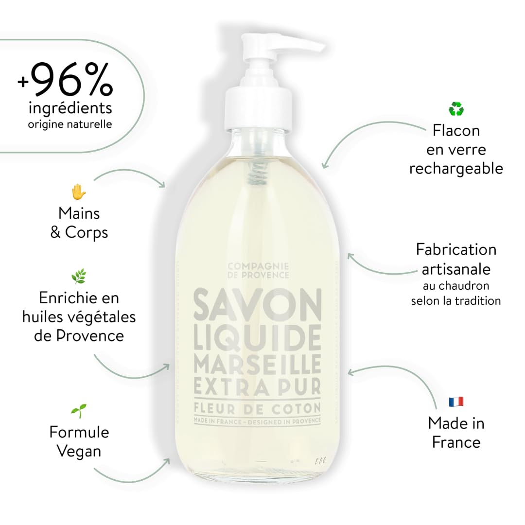 Compagnie de Provence Extra Pure Liquid Soap - Cotton Flower Scent | 16.7 Fl Oz Glass Pump Bottle