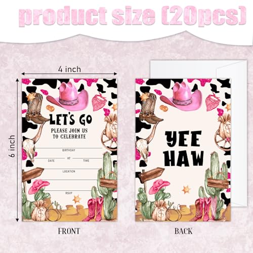 Cowgirl Birthday Invitation Cards with Envelopes - 20 Pack