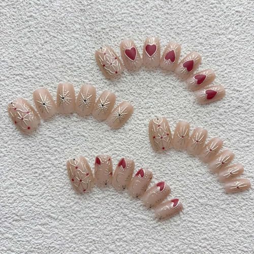 KASOICRA Style ET18 Short Square Heart Star Nail Set - Nude Fake Press On Nails for Women Menicure