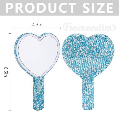 Framendino Blue Rhinestone Handheld Mirror 6.5" Heart Design