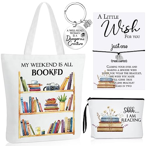 Sweetude Book Lover Gifts Booked Tote Bag Bracelet Pouch Keychain Set for Women