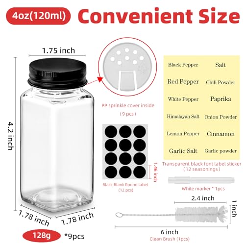 9-Piece Square Glass Spice Jars Set with Labels & Shaker Lids