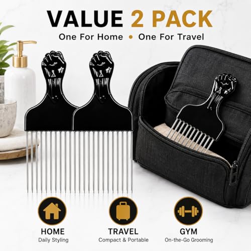 2-Pack Metal Afro Pick Comb for Curly Hair & Beards - 6.75 Inch