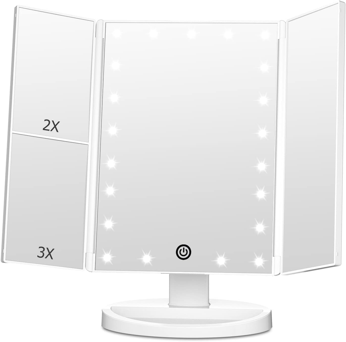 Trifold Vanity Mirror with Lights - Lighted Makeup Mirror 2X/3X Magnification | 21 LED Touch Dimming, 180° Rotation