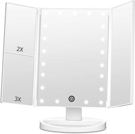 Trifold Vanity Mirror with Lights - Lighted Makeup Mirror 2X/3X Magnification | 21 LED Touch Dimming, 180° Rotation