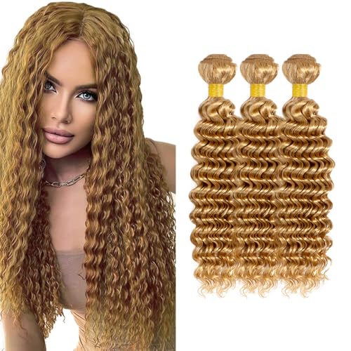 Honey Blonde #27 Deep Wave Human Hair Bundles - 16 18 20 Inch Brazilian Virgin Hair