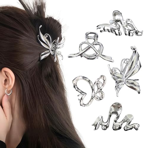 Silver Small Butterfly Wave Hair Claw Clips - Pack of 5 with Pearl & Crystal Accents