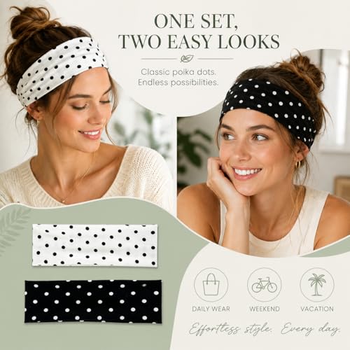 Classic Black and White Polka Dot Headbands - 2 Pack for Women