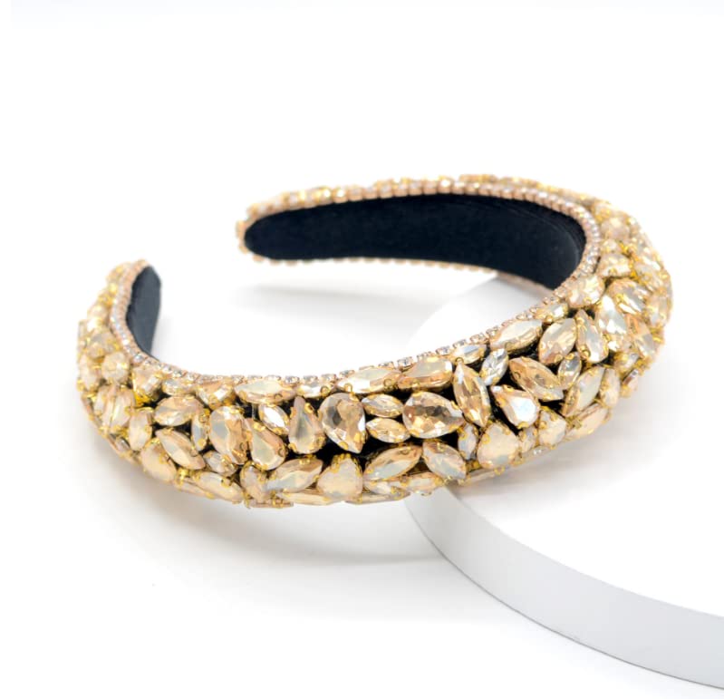 LEEMASING Gold Rhinestone Headband Bling Padded Baroque Hair Accessory for Weddings & Parties