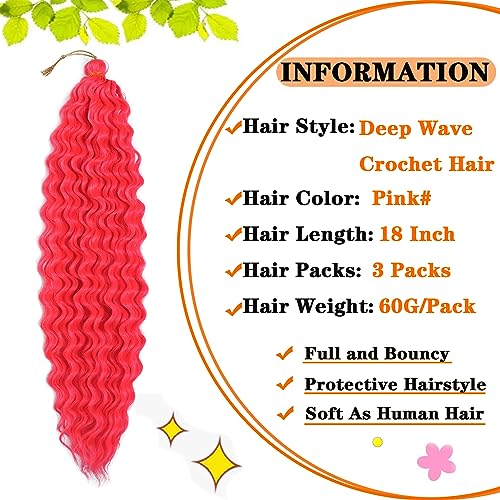 Paraglame 18-Inch Hot Pink Deep Wave Crochet Braiding Hair - 3 Pack