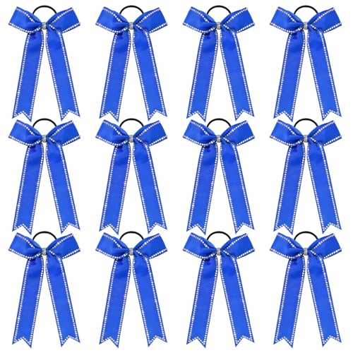 Royal Blue Cheer Bows 12 pcs Collegiate Style Rhinestone Ponytail Holders Girls Teens