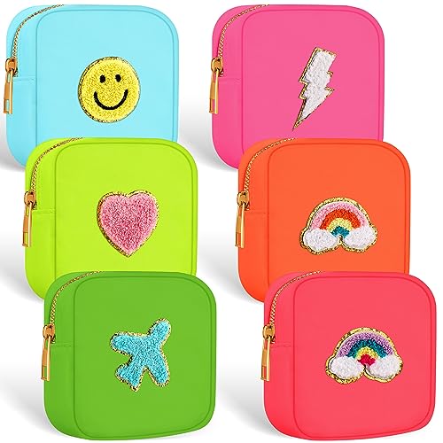 Zubebe 6-Piece Fluorescent Color Mini Nylon Makeup Bags with Chenille Letter Patches, Portable Cosmetic & Travel Pouch Set for Women