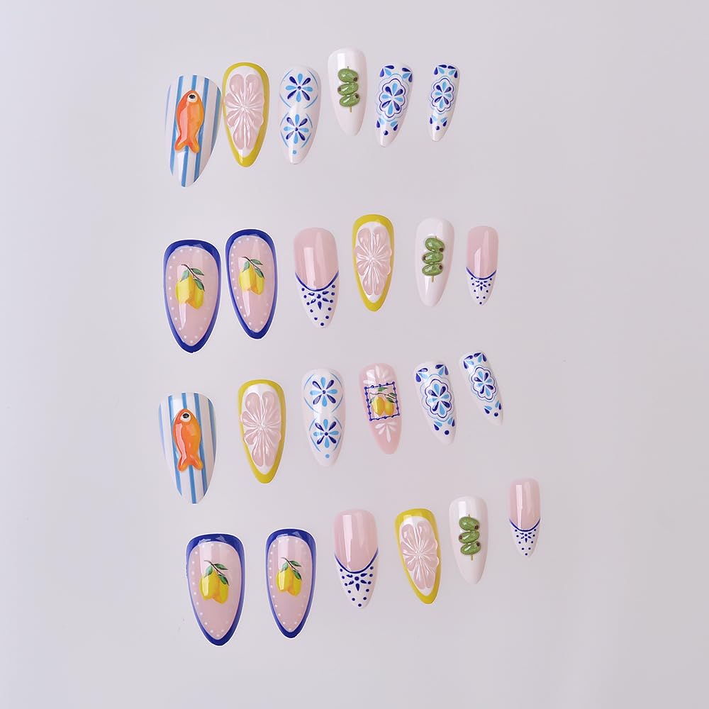 French Tip Press on Nails Almond Medium Fake Nails with 3D Goldfish Lemon Designs Summer Flower Nails Press ons Glossy Glue on Nail White Blue Yellow Acrylic Nail Spring Stick on Nails for Women 24Pcs