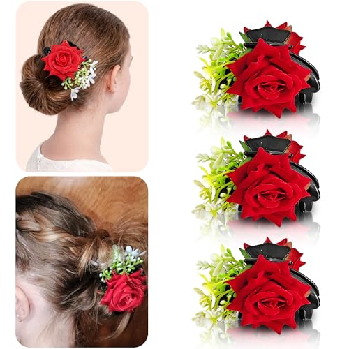Sanas Red Rose Flower Claw Clips for Women - 3 Piece Set