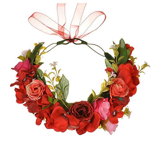 LLinfflr Red Flower Garland Headband Rose Crown Floral Halo Headpiece - Adjustable