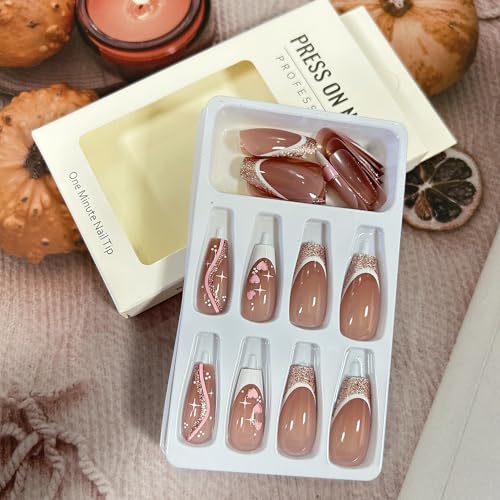 TBRZTR Press on Nails Square Medium Pink Love Heart Stars False with