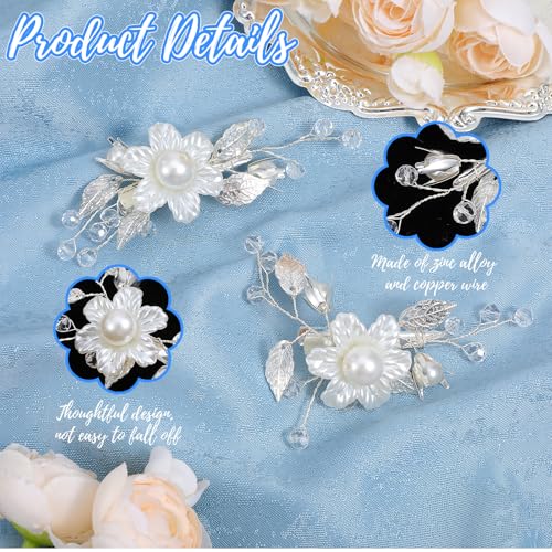 Sorcristy Bridal Flower Hair Clips Set - White Pearl & Silver Leaf Vine