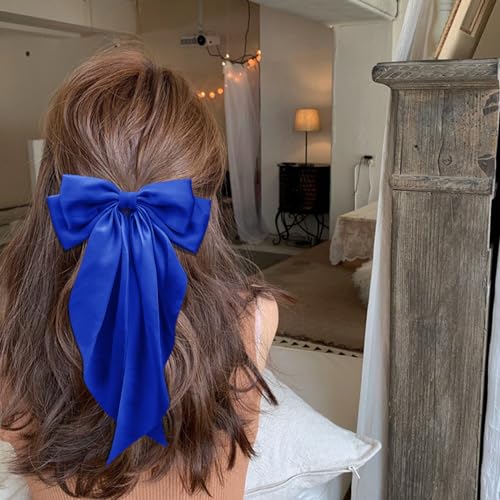 Sapphire Blue Silky Satin Large Hair Bow Clips for Women