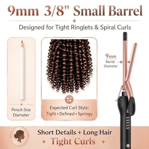 HCAH 3/8 Inch Small Barrel Curling Iron - Extra Long Ceramic Hair Curler