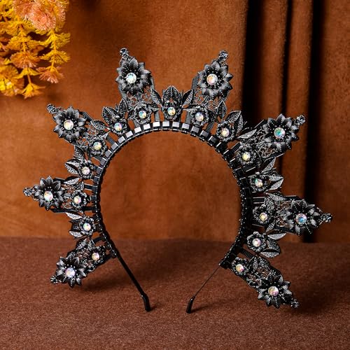 Black Spiked Greek Goddess Halo Crown Headband - Gothic Floral Design