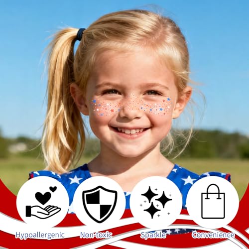 4th of July Red White Blue Glitter Freckles Face Tattoos, Patriotic Star Face Tattoo, July 4th Accessories for Women, Independence Day USA Face Sparkles Makeup, 8 PCS