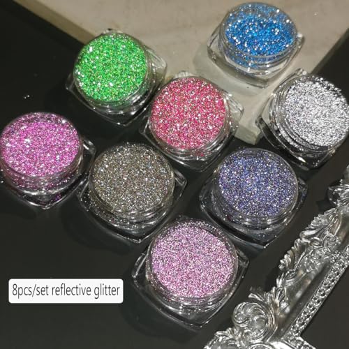 8-Color Reflective Glitter Powder Set for Nail Art - Fcozpjk