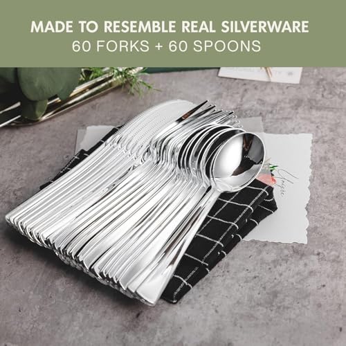 Silver Disposable Cutlery Set - 120 Count Plastic Spoons & Forks