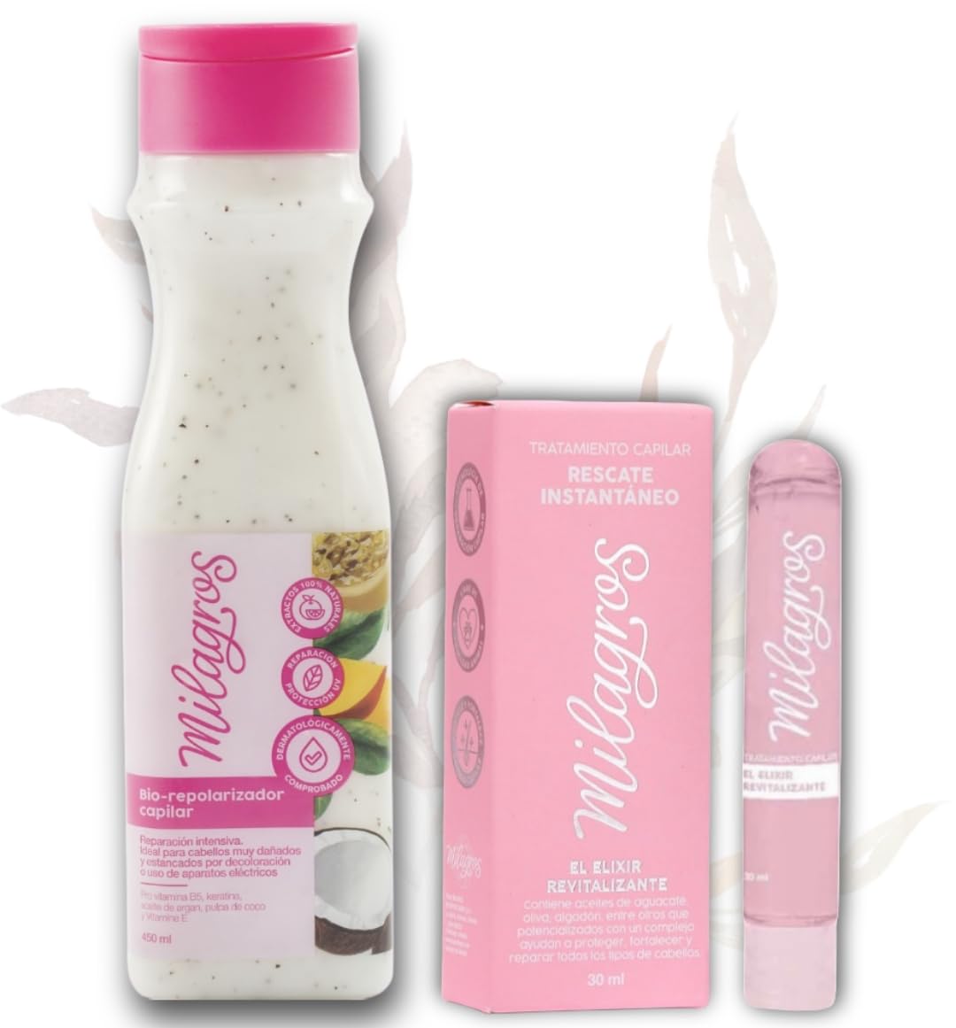 Milagros Tratamiento Biorepolarizador & Elixir Revitalizante Rescate Instantaneo | Tratamiento Colombiano de para cabellos muy danados