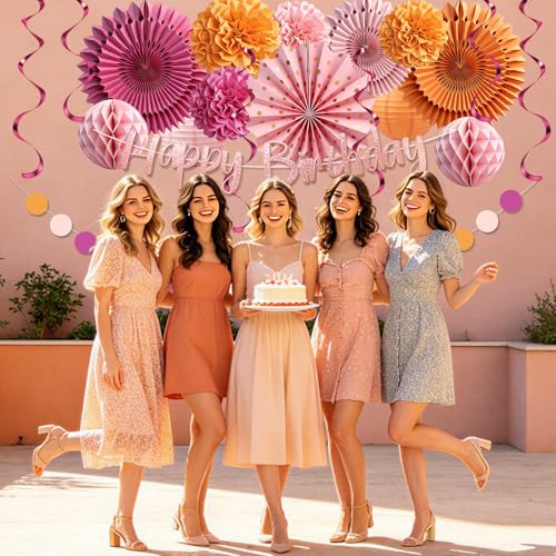Pink and Orange Birthday Decorations Set for Women - 20pcs