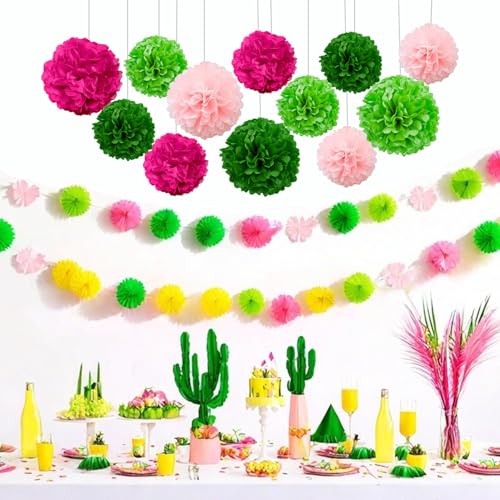 GAKA 12-Pack Pink and Green Tissue Paper Pom Poms - 10" & 12" Hanging Decorations for Parties & Weddings