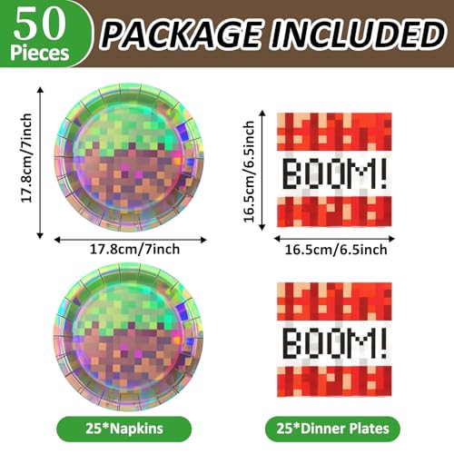 Pixel Party Plates and Napkins Set - 50 Pcs Disposable Tableware