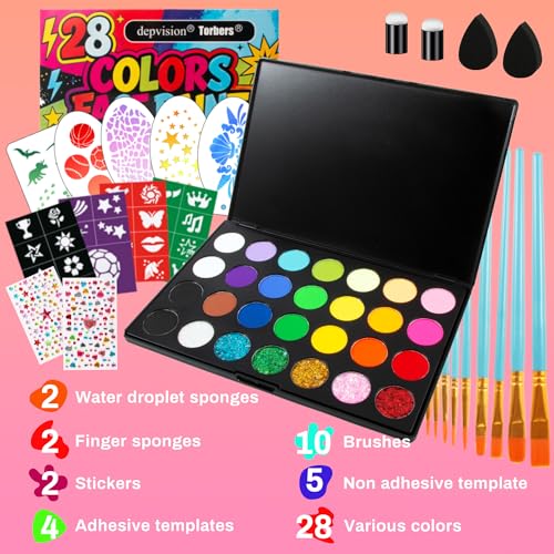 Professional Face Painting Kit with 28 Colors, Brushes, Sponges & Stencils for Kids & Adults