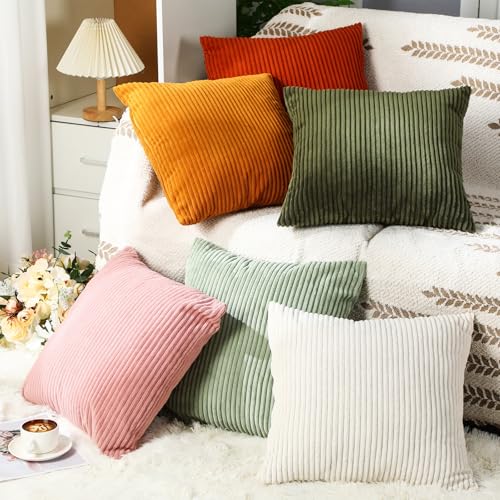 Colingmill 6-Piece Fall Corduroy Pillow Covers - 18x18 Inch Soft Striped Cushions