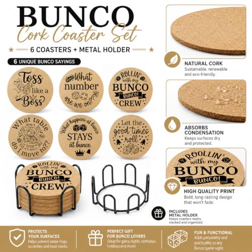 Funny Bunco Coasters Set of 6 with Holder - Cork Drink Coasters