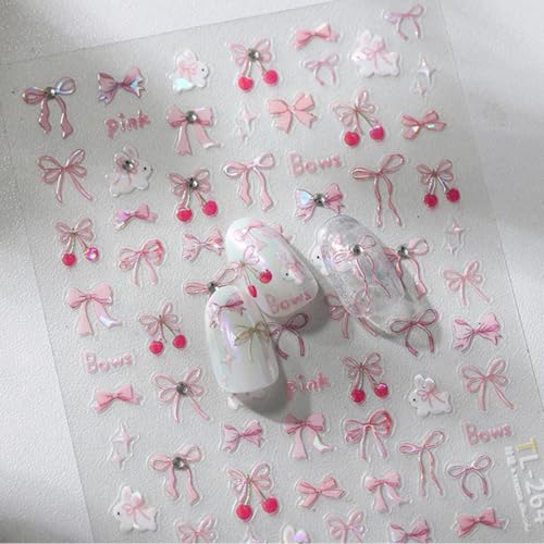 5D Pink Bow Nail Stickers with Rhinestones - Cute Rabbit Design