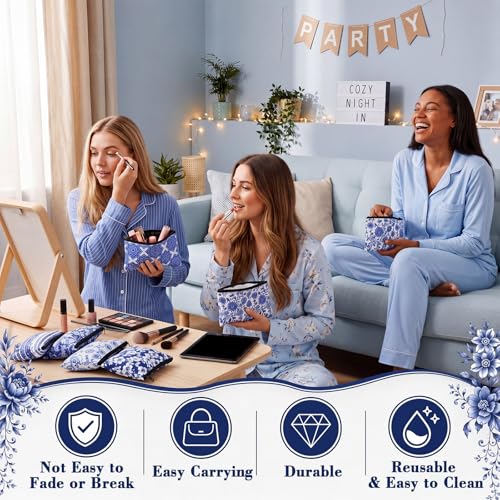 Meanplan Blue White Floral Canvas Makeup Bags Bulk, 24 Pouches - Chinoiserie Style