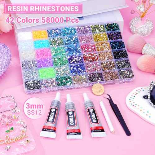 42-Color Rhinestone Bedazzling Kit with 58000 Pcs 3mm Flatback Gems & Jewelry Glue