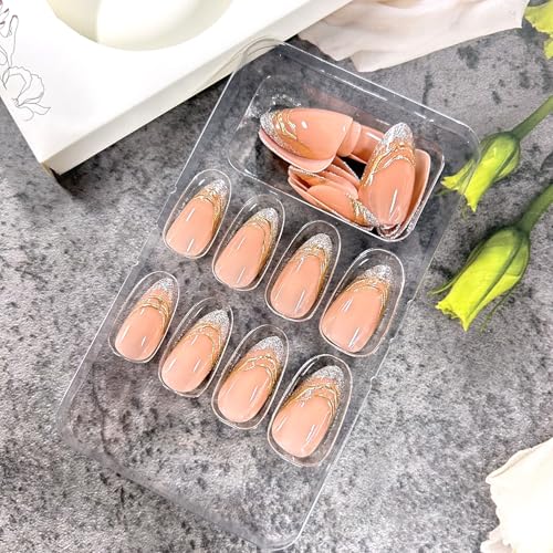 LOPMNGHT Glitter Powder French Almond Short Press On Nails for Women 24Pcs