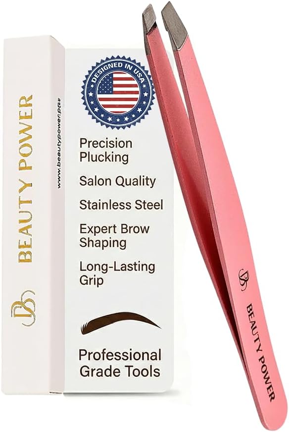 Precision Tweezers - Stainless Steel Slant Tip Eyebrow Tweezers for Facial Hair & Brow Shaping | Professional Beauty Tool (Pink)