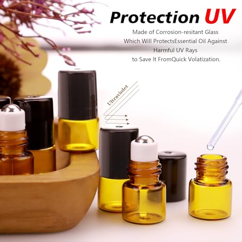 60 Pack 2ml Amber Glass Roll-On Bottles for Essential Oils & Perfume