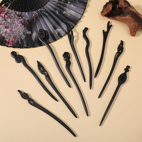 10 Pcs Vintage Wooden Hair Sticks for Women - Chinese & Japanese Bun Pins