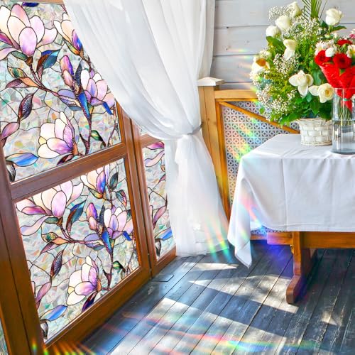 Purple Magnolia Stained Glass Window Film | Static Cling Privacy Decor