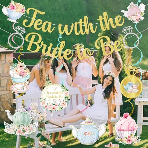 Gold Glitter Tea with the Bride to Be Banner & Swirls Set