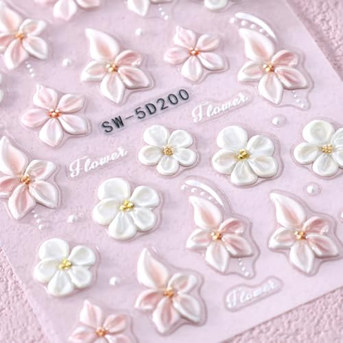 5D Embossed Flower Nail Stickers with Pearl Gems for Nail Art