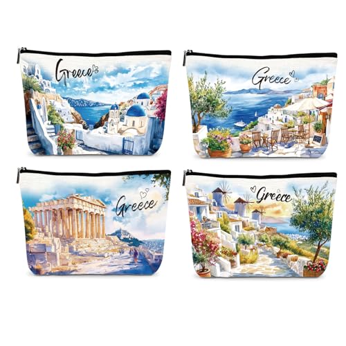 4Pcs Greece Makeup Bag Set - Waterproof Travel Pouches for Cosmetics