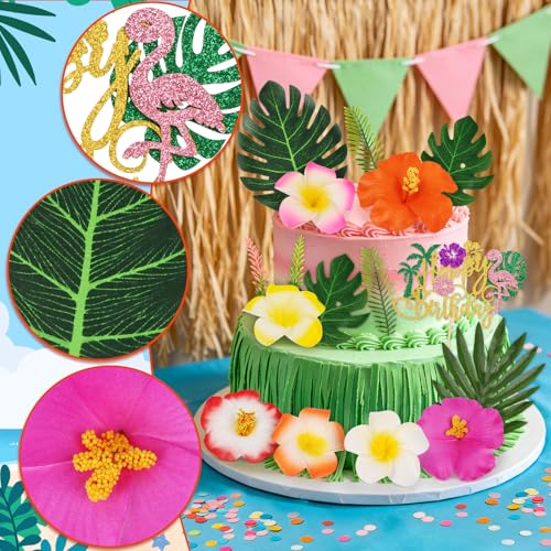 16PCS Tropical Hawaiian Flower Cake Toppers for Summer Parties
