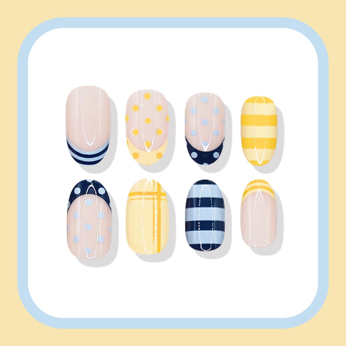 Polka Dot Press on Nails French Tip Fake Nails Medium Oval Glue on Nail with Designs Stripes, Checkered & Summer, Glossy Blue Yellow False Nail Full Cover Stick on Nails for Women Manicure 24Pcs