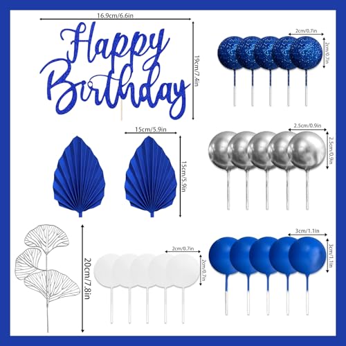 Blue and Gold Ball Cake Toppers - 24-Piece Boho Decoration Set