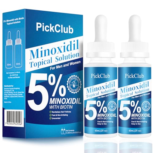 5% Minoxidil with Biotin for Men and Women ? Hair and Beard Regrowth Serum, Unisex, Gentle, 2-Pack (Total 4.06 fl oz)